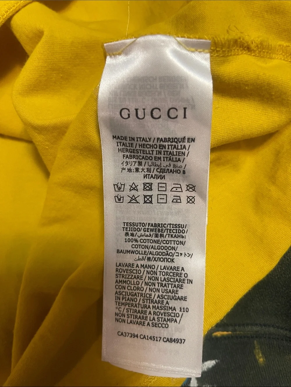Gucci Yellow Graphic '22705 Songs' Tee with Blue Stripes large